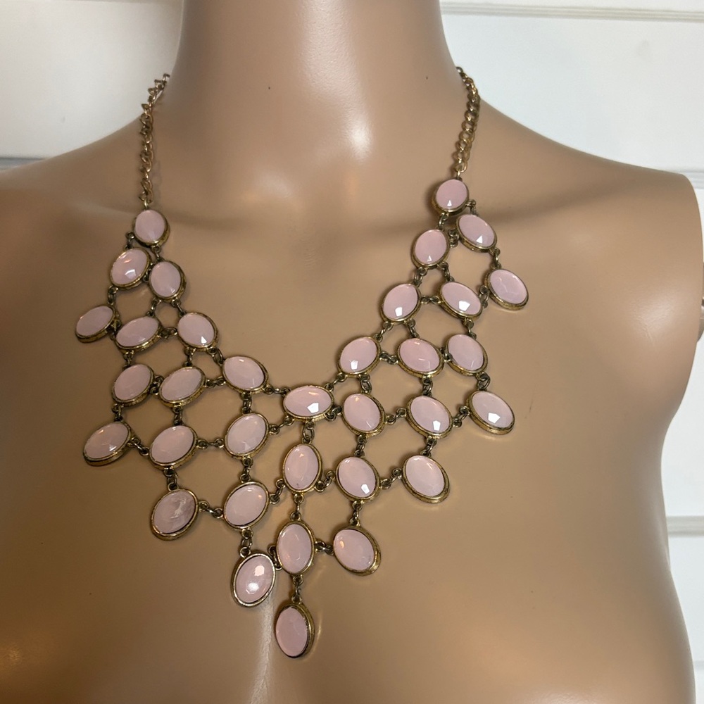 Women's Pink Statement Bib Necklace - Gold Tone 18” + 3” Extension